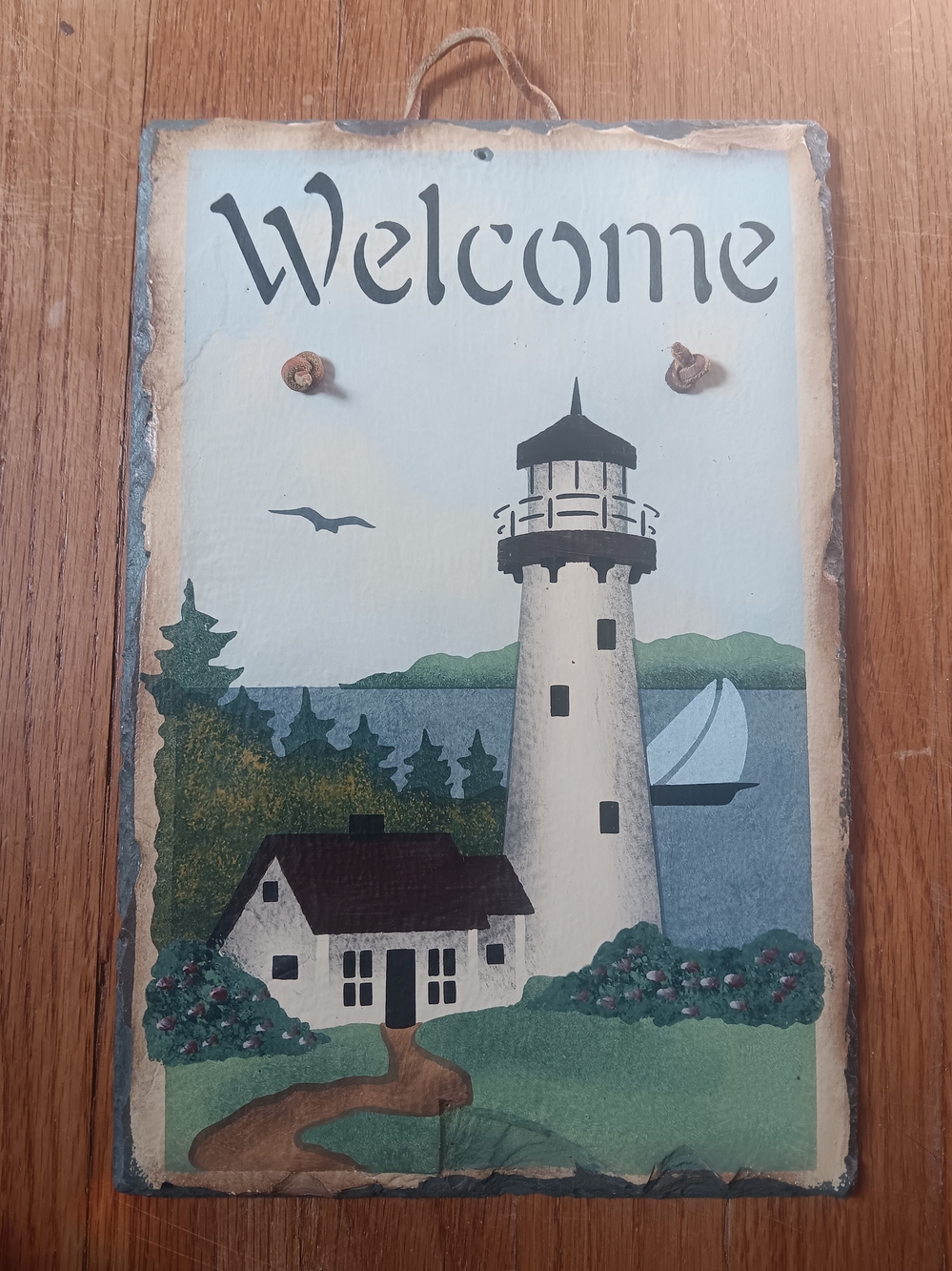Painted Slate Coastal Lighthouse Scene Welcome Sign Wall Decor